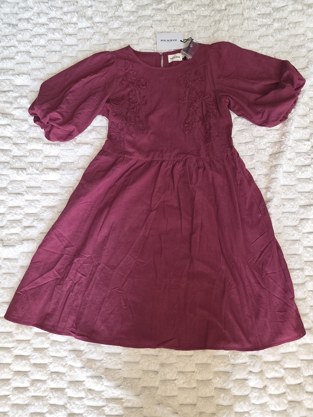 Polagram Woman's Wine Red Embroidered Puff-Sleeve Dress
